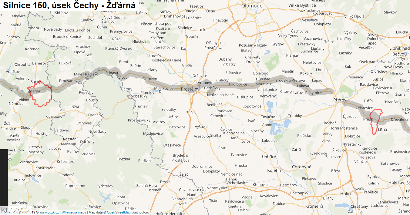 Úsek Čechy - Žďárná, Silnice 150 - Mapa