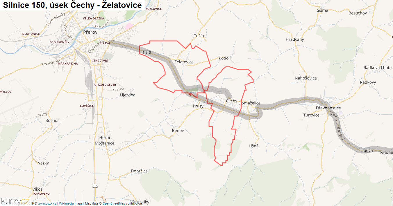 Úsek Čechy - Želatovice, Silnice 150 - Mapa