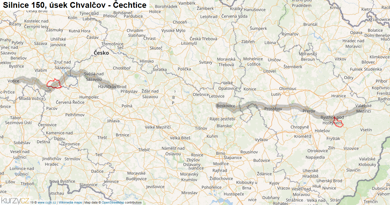 Úsek Chvalčov - Čechtice, Silnice 150 - Mapa