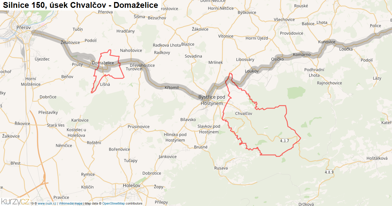 Úsek Chvalčov - Domaželice, Silnice 150 - Mapa