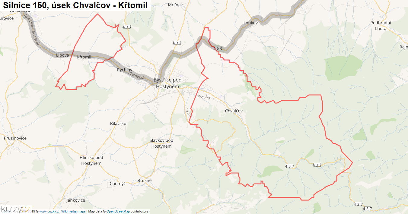 Úsek Chvalčov - Křtomil, Silnice 150 - Mapa