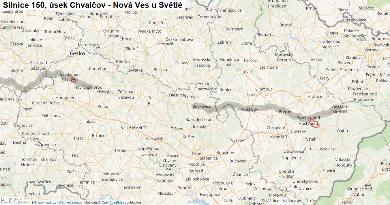 Úsek Chvalčov - Nová Ves u Světlé, Silnice 150 - Mapa