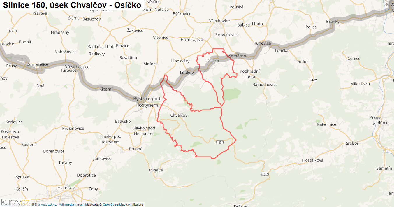 Úsek Chvalčov - Osíčko, Silnice 150 - Mapa