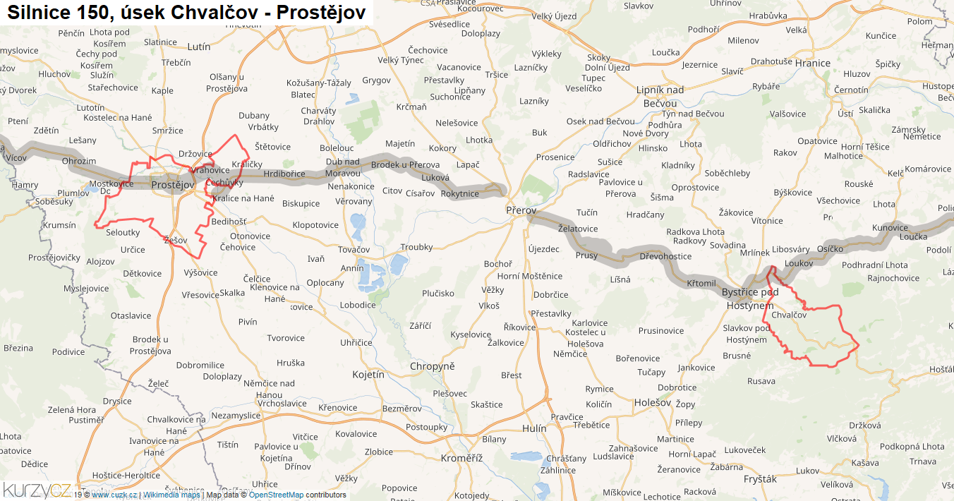 Úsek Chvalčov - Prostějov, Silnice 150 - Mapa