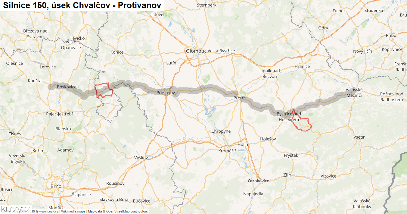Úsek Chvalčov - Protivanov, Silnice 150 - Mapa