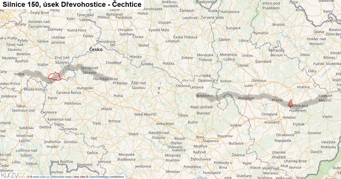 Úsek Dřevohostice - Čechtice, Silnice 150 - Mapa