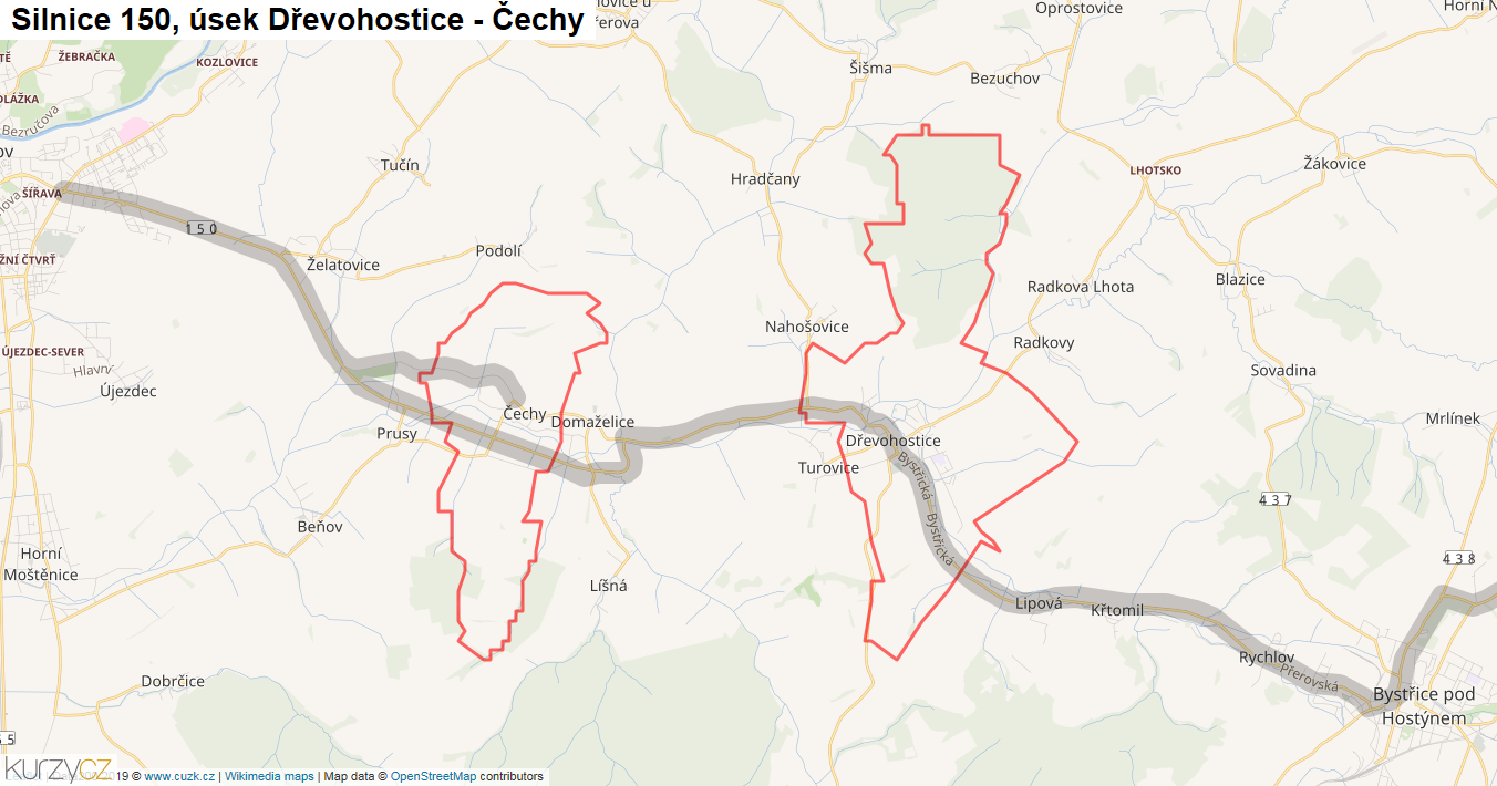 Úsek Dřevohostice - Čechy, Silnice 150 - Mapa