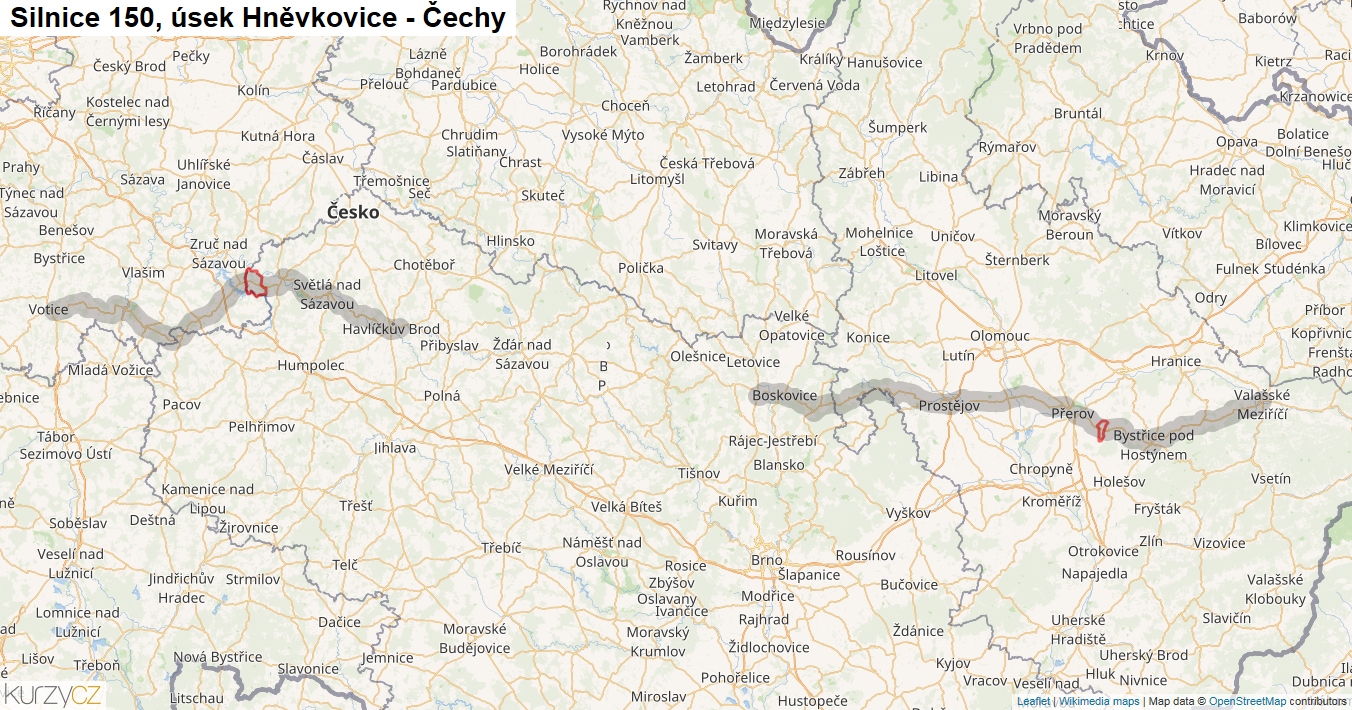 Úsek Hněvkovice - Čechy, Silnice 150 - Mapa