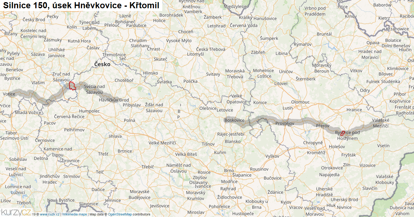 Úsek Hněvkovice - Křtomil, Silnice 150 - Mapa
