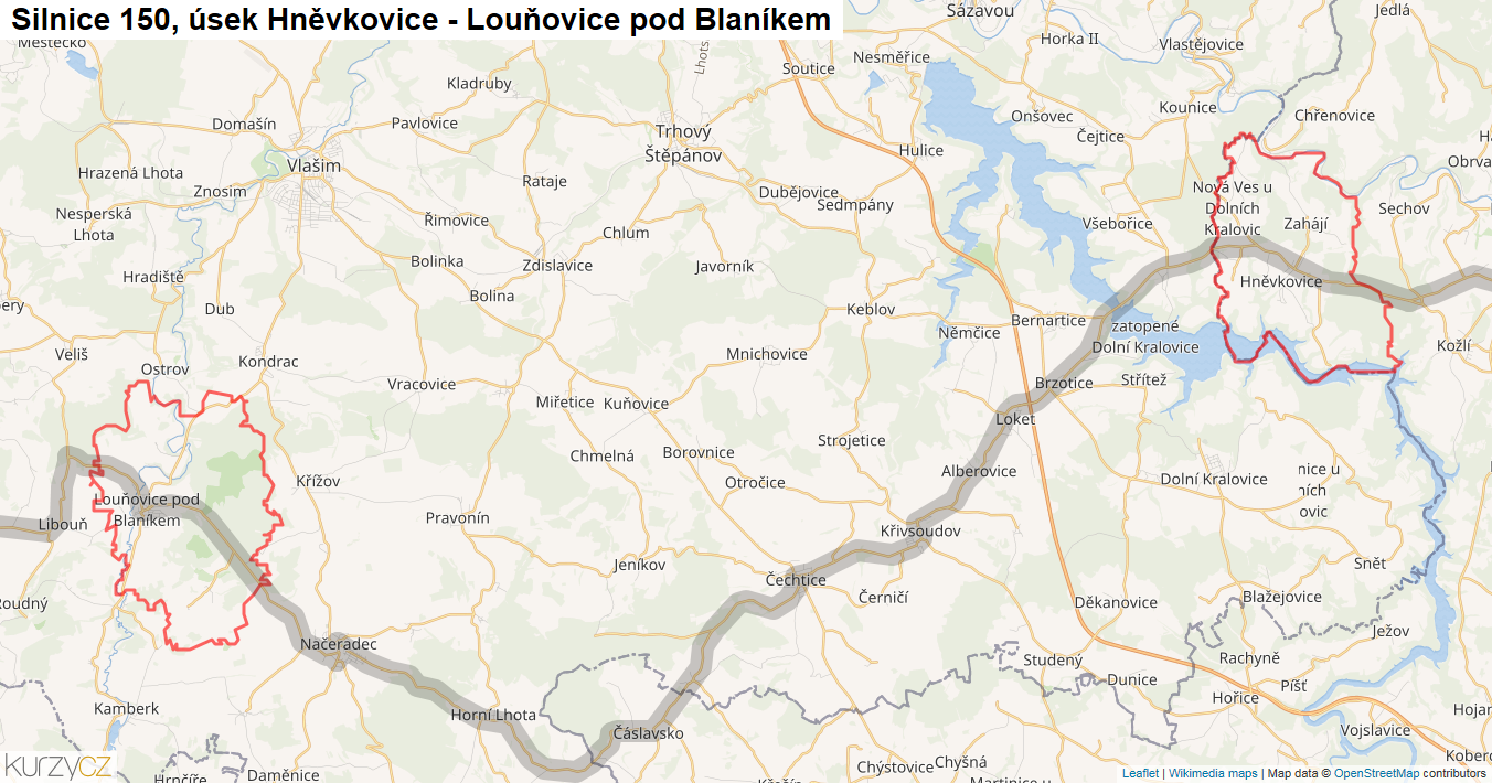 Úsek Hněvkovice - Louňovice pod Blaníkem, Silnice 150 - Mapa