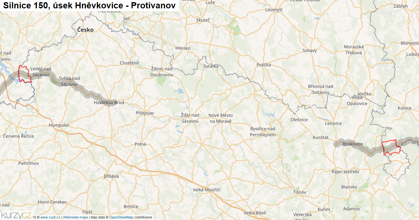 Úsek Hněvkovice - Protivanov, Silnice 150 - Mapa