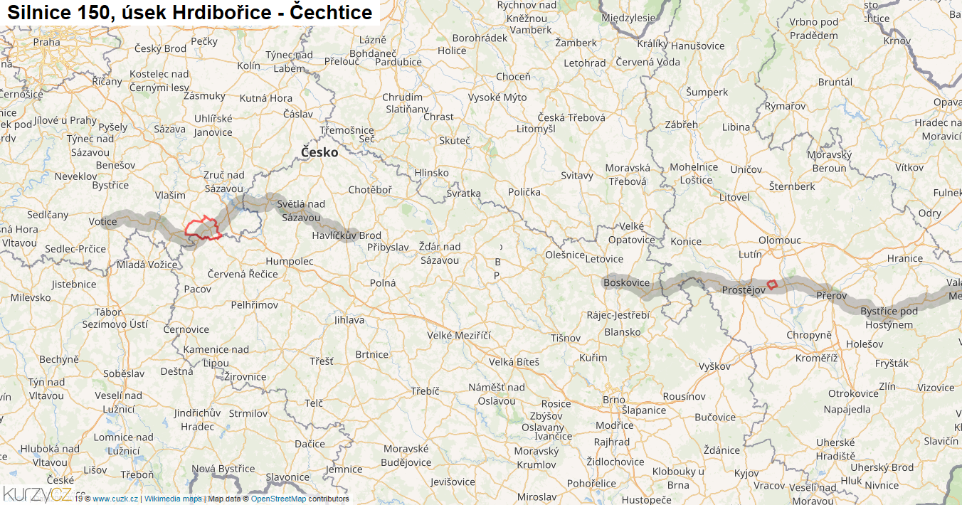 Úsek Hrdibořice - Čechtice, Silnice 150 - Mapa