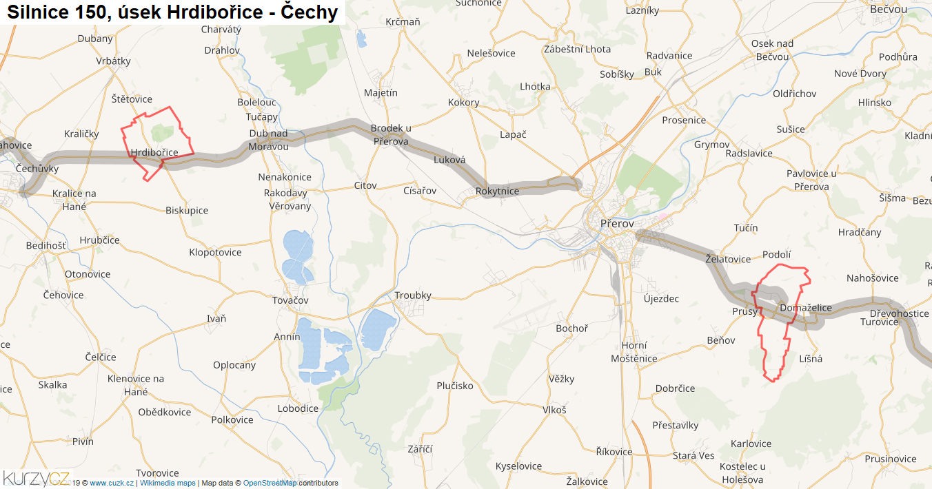 Úsek Hrdibořice - Čechy, Silnice 150 - Mapa