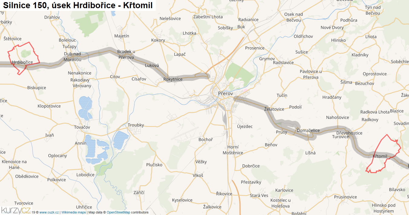Úsek Hrdibořice - Křtomil, Silnice 150 - Mapa