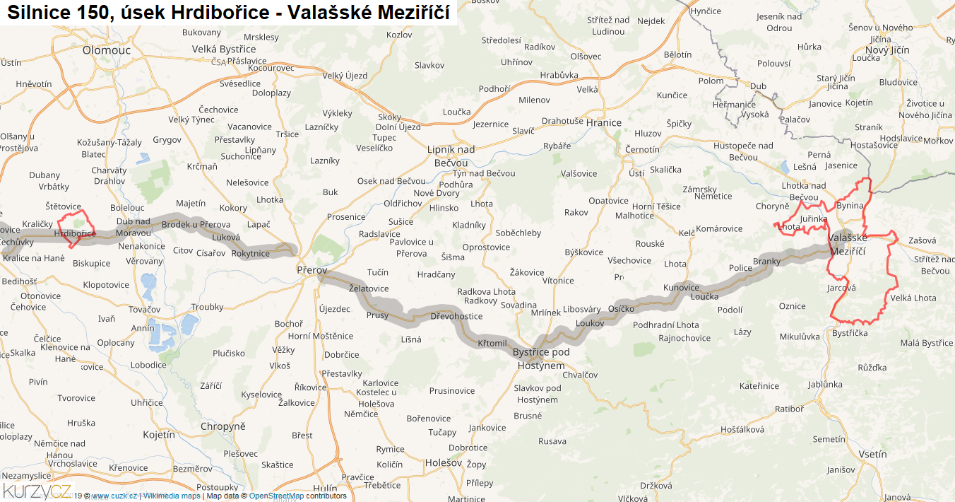 Úsek Hrdibořice - Valašské Meziříčí, Silnice 150 - Mapa