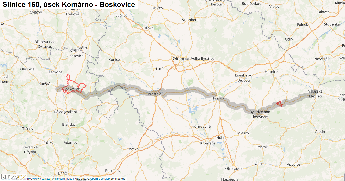 Úsek Komárno - Boskovice, Silnice 150 - Mapa