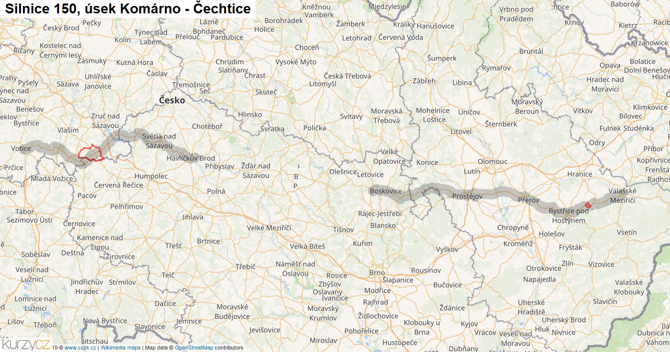 Úsek Komárno - Čechtice, Silnice 150 - Mapa