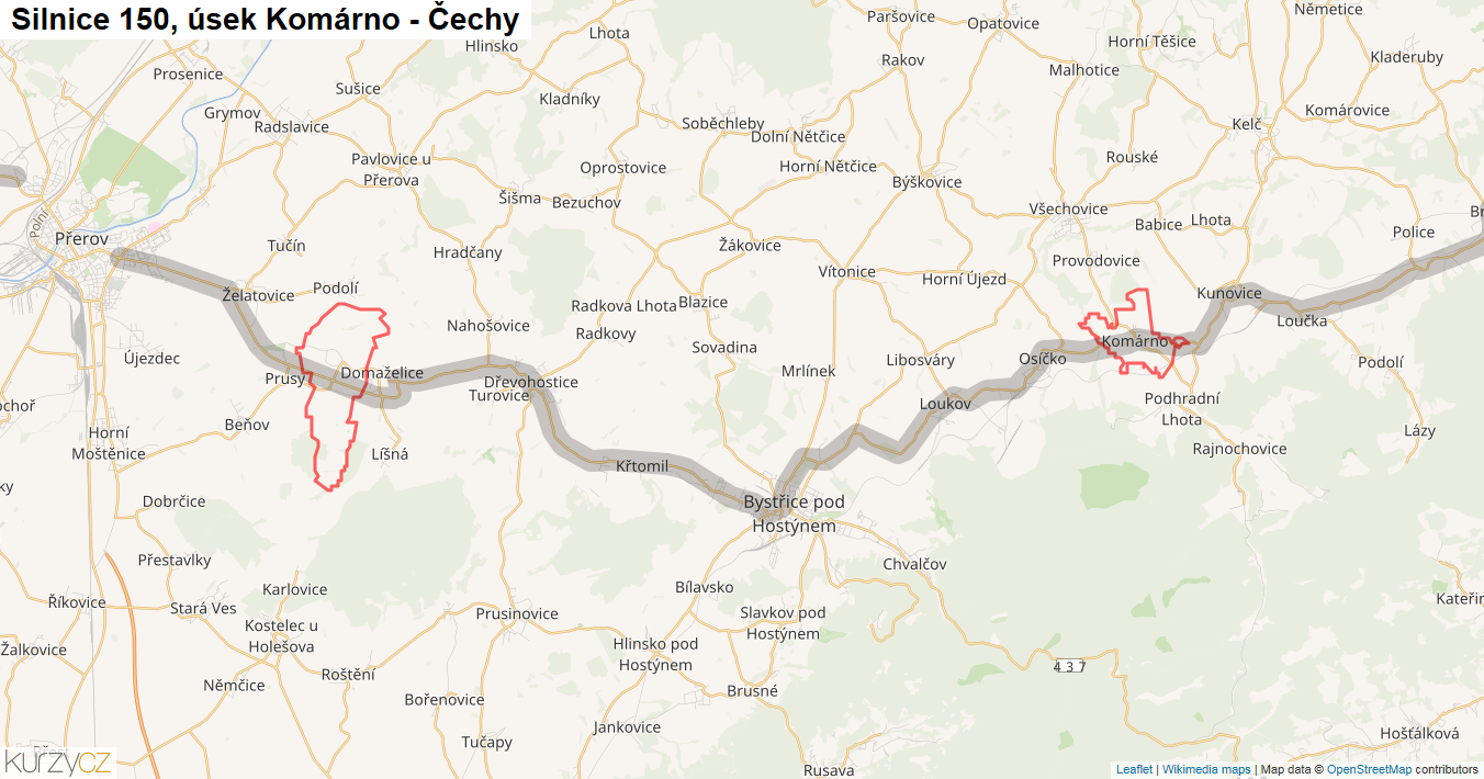 Úsek Komárno - Čechy, Silnice 150 - Mapa