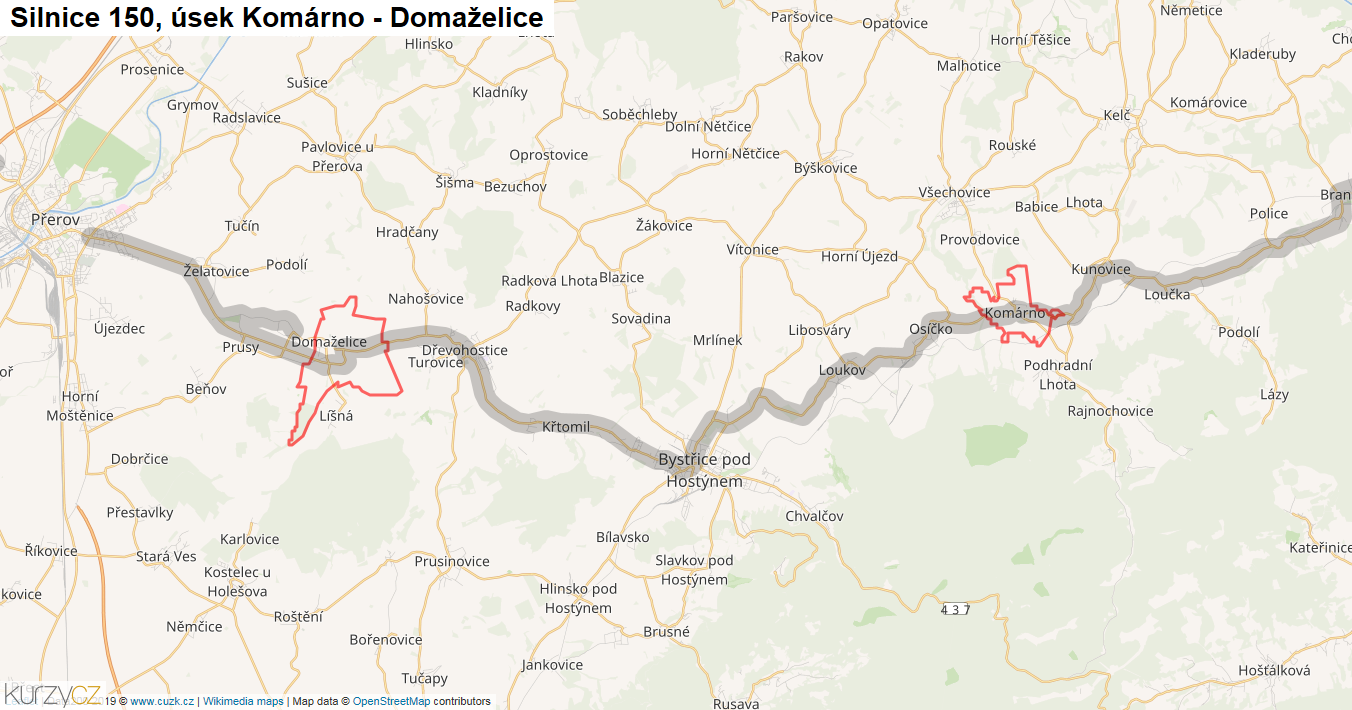 Úsek Komárno - Domaželice, Silnice 150 - Mapa
