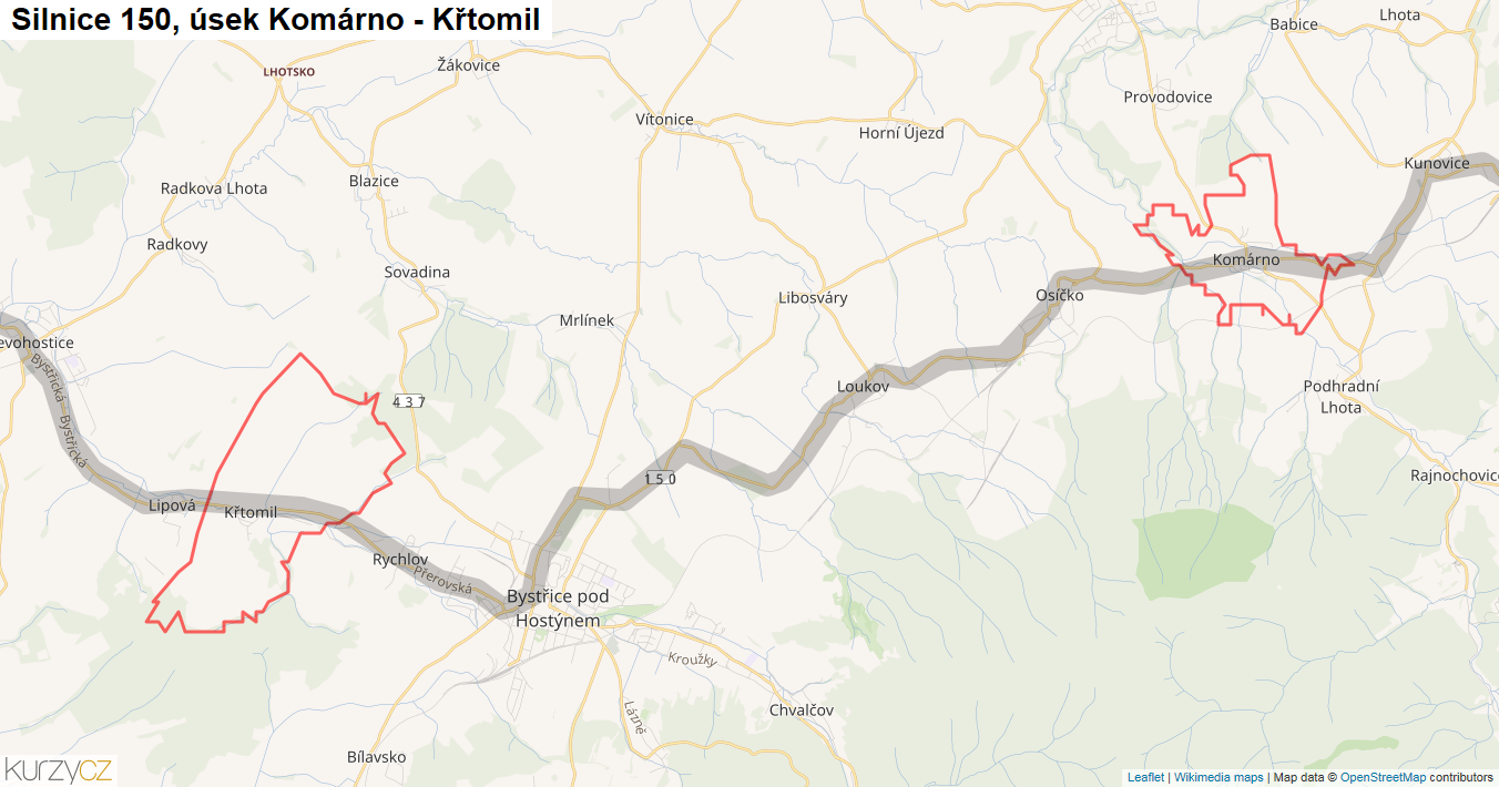 Úsek Komárno - Křtomil, Silnice 150 - Mapa