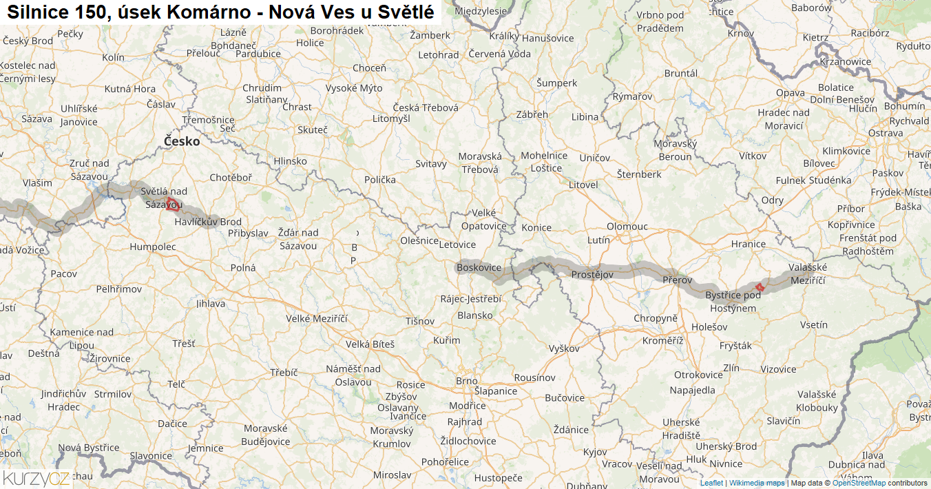 Úsek Komárno - Nová Ves u Světlé, Silnice 150 - Mapa
