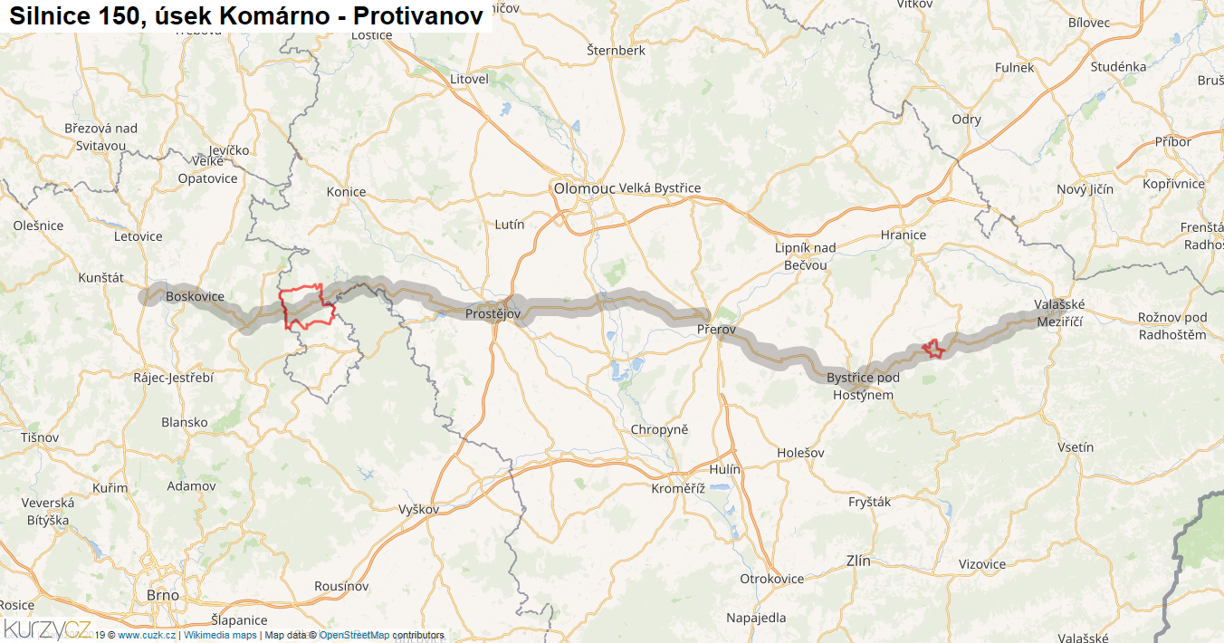 Úsek Komárno - Protivanov, Silnice 150 - Mapa