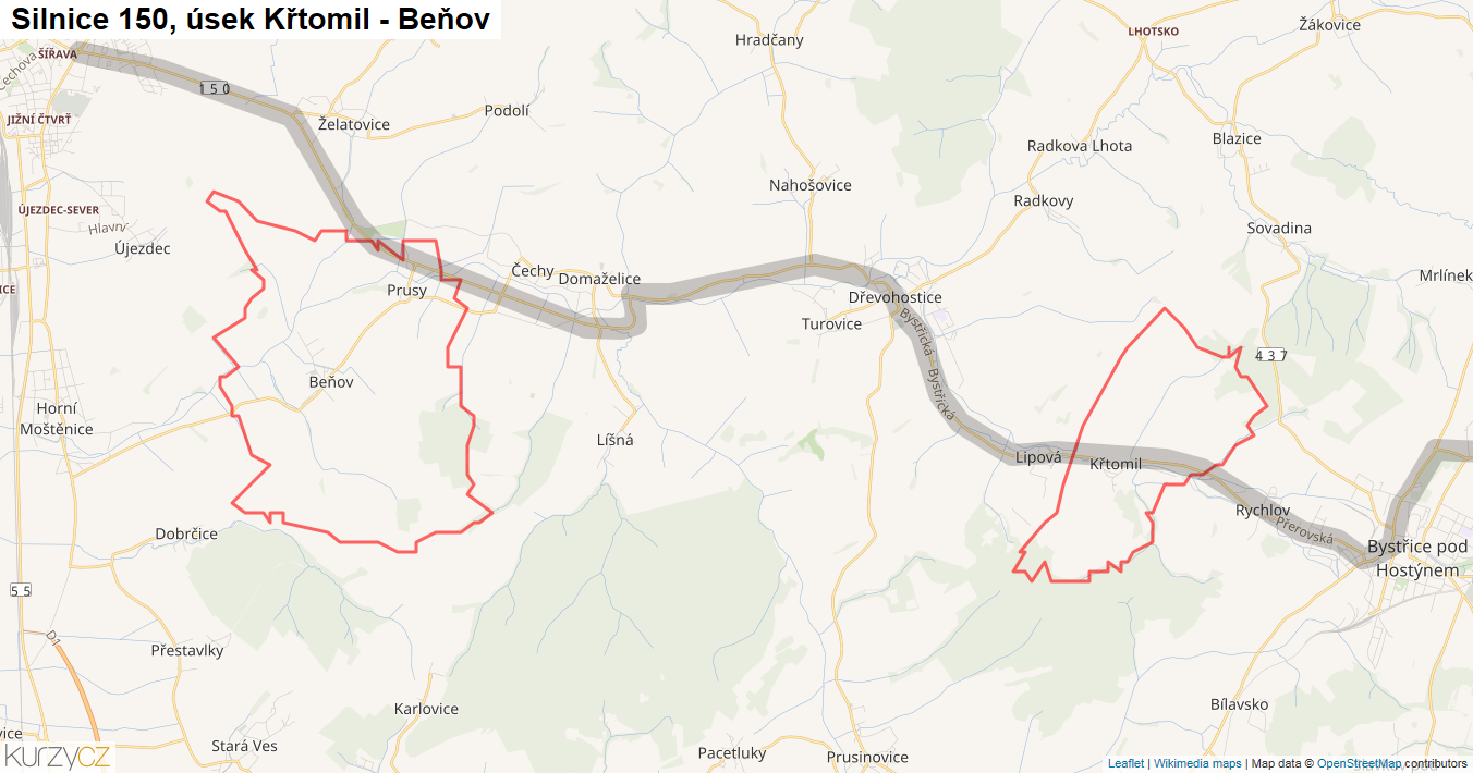 Úsek Křtomil - Beňov, Silnice 150 - Mapa