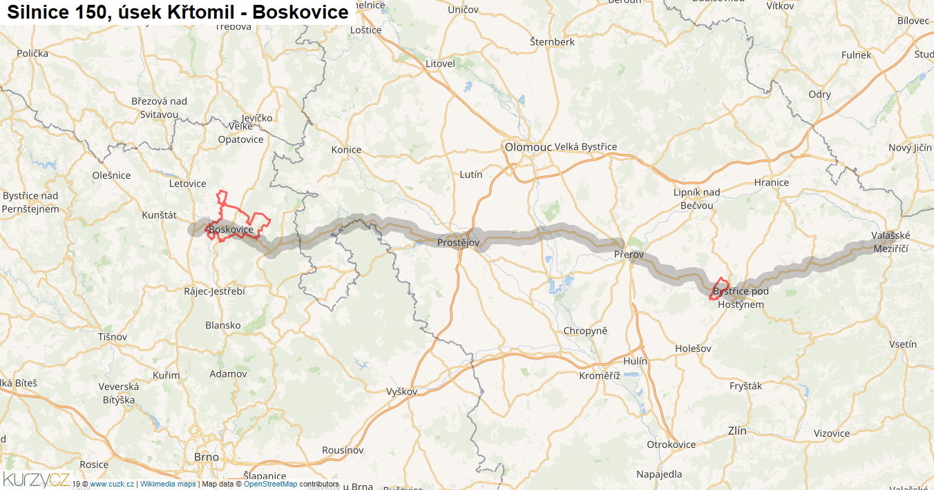 Úsek Křtomil - Boskovice, Silnice 150 - Mapa