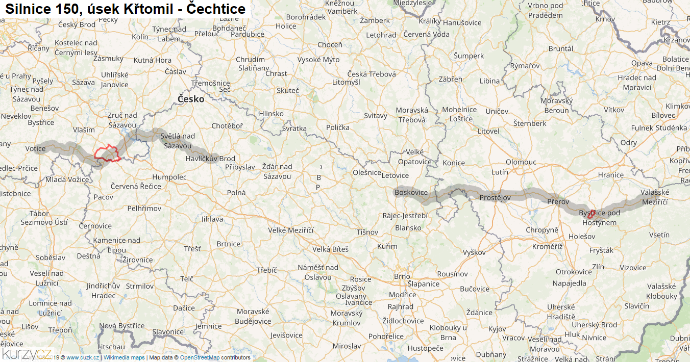 Úsek Křtomil - Čechtice, Silnice 150 - Mapa