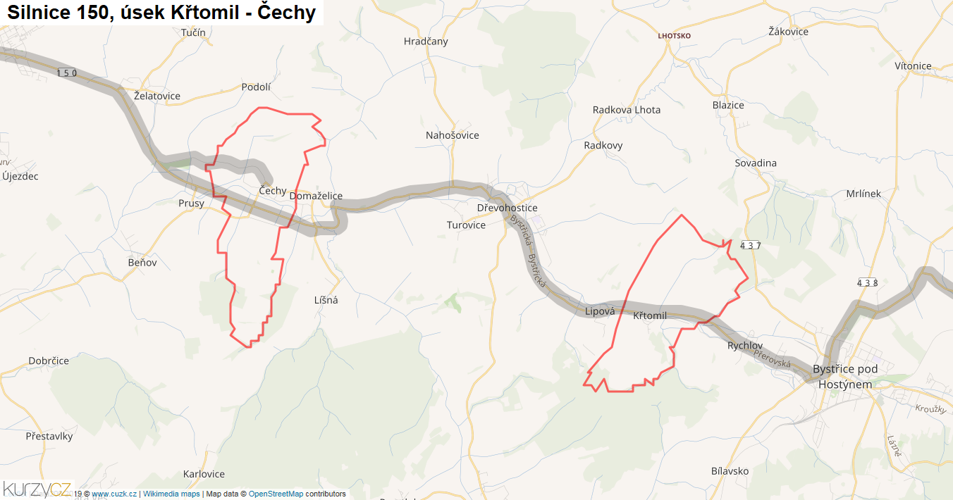 Úsek Křtomil - Čechy, Silnice 150 - Mapa