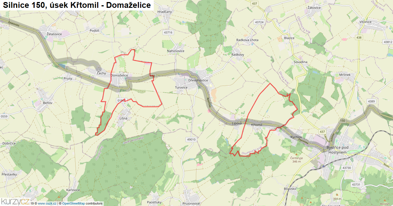 Úsek Křtomil - Domaželice, Silnice 150 - Mapa