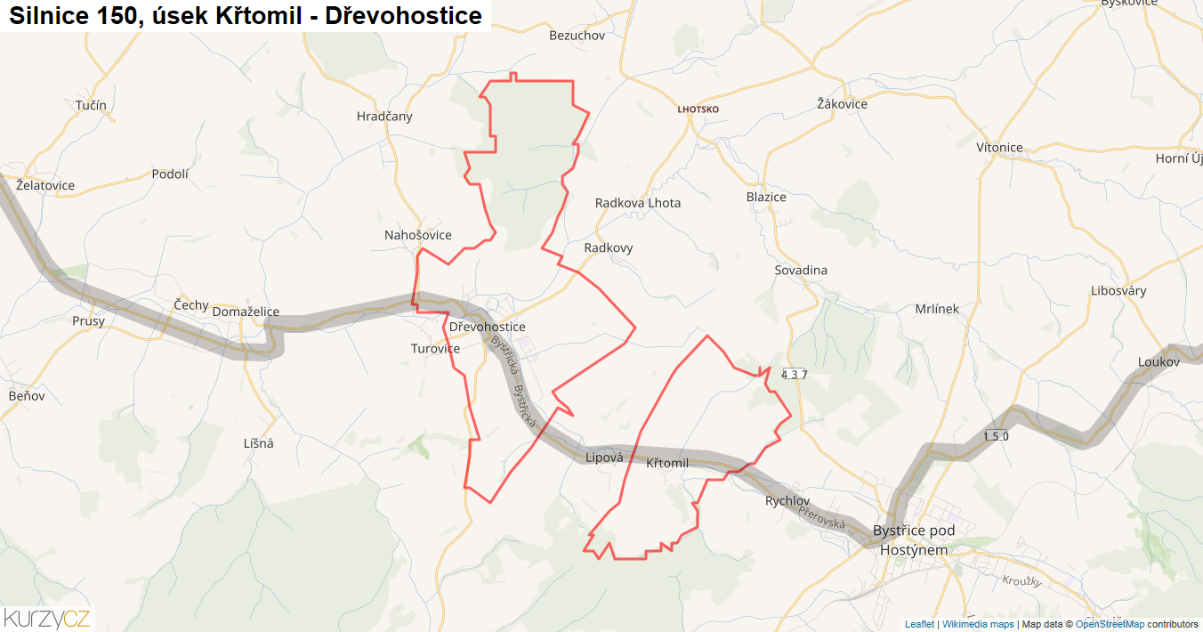 Úsek Křtomil - Dřevohostice, Silnice 150 - Mapa