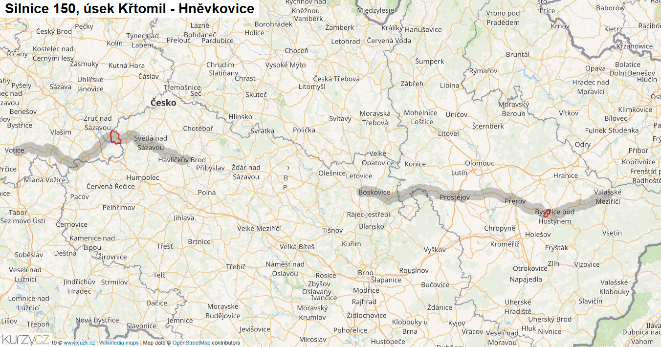 Úsek Křtomil - Hněvkovice, Silnice 150 - Mapa