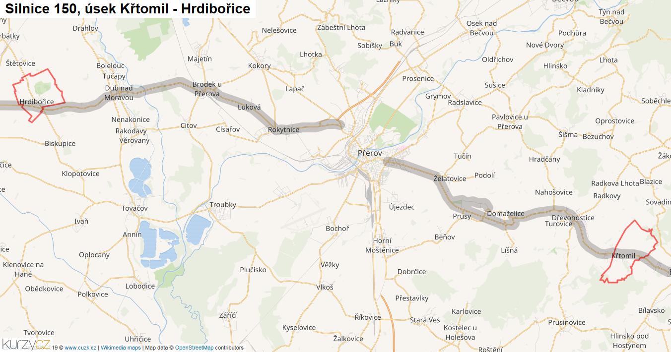 Úsek Křtomil - Hrdibořice, Silnice 150 - Mapa