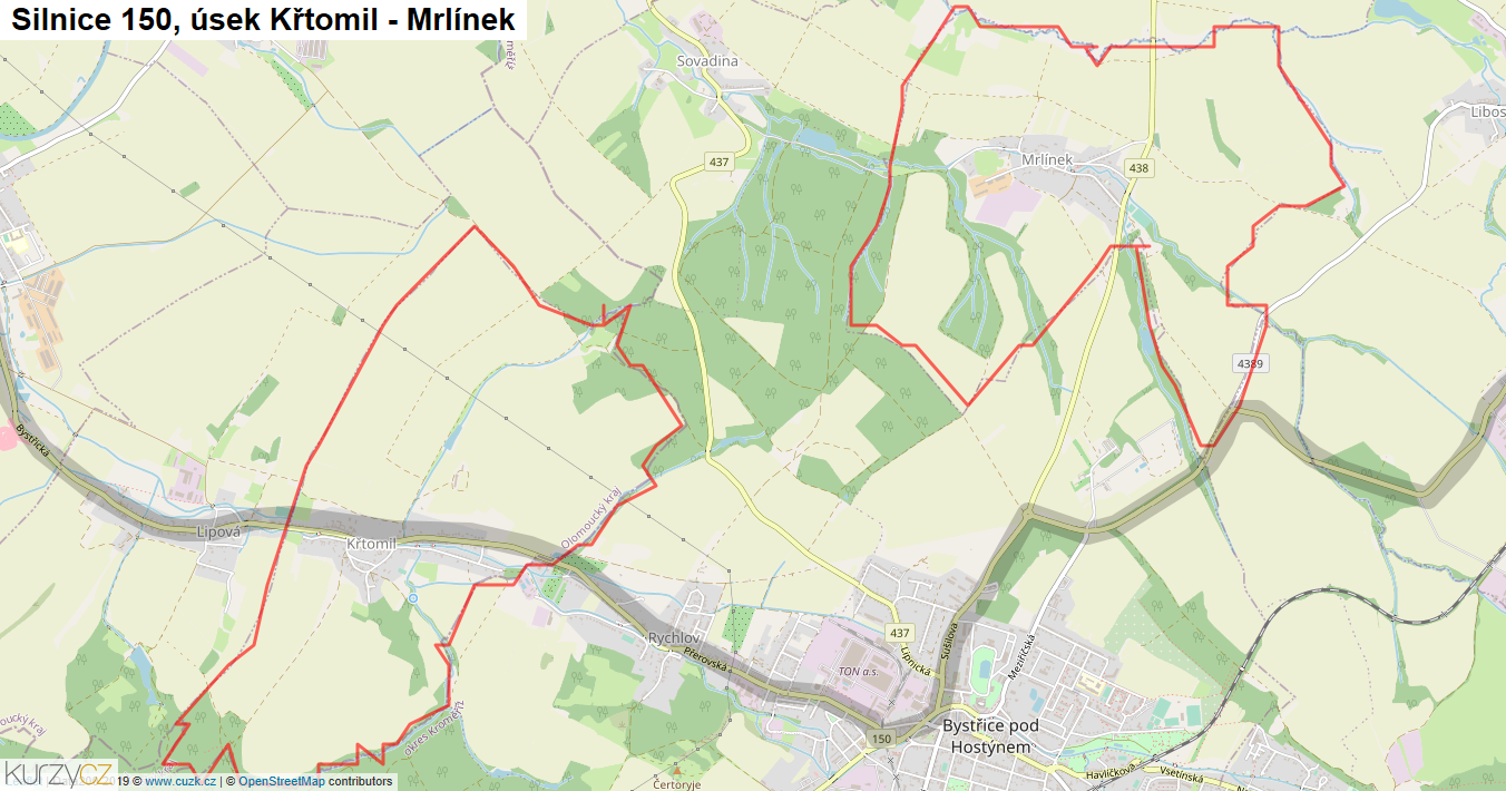 Úsek Křtomil - Mrlínek, Silnice 150 - Mapa