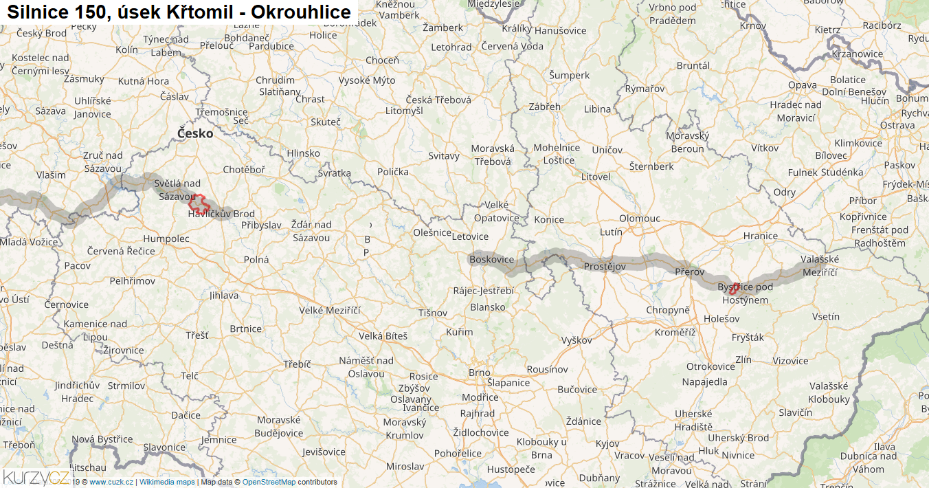 Úsek Křtomil - Okrouhlice, Silnice 150 - Mapa