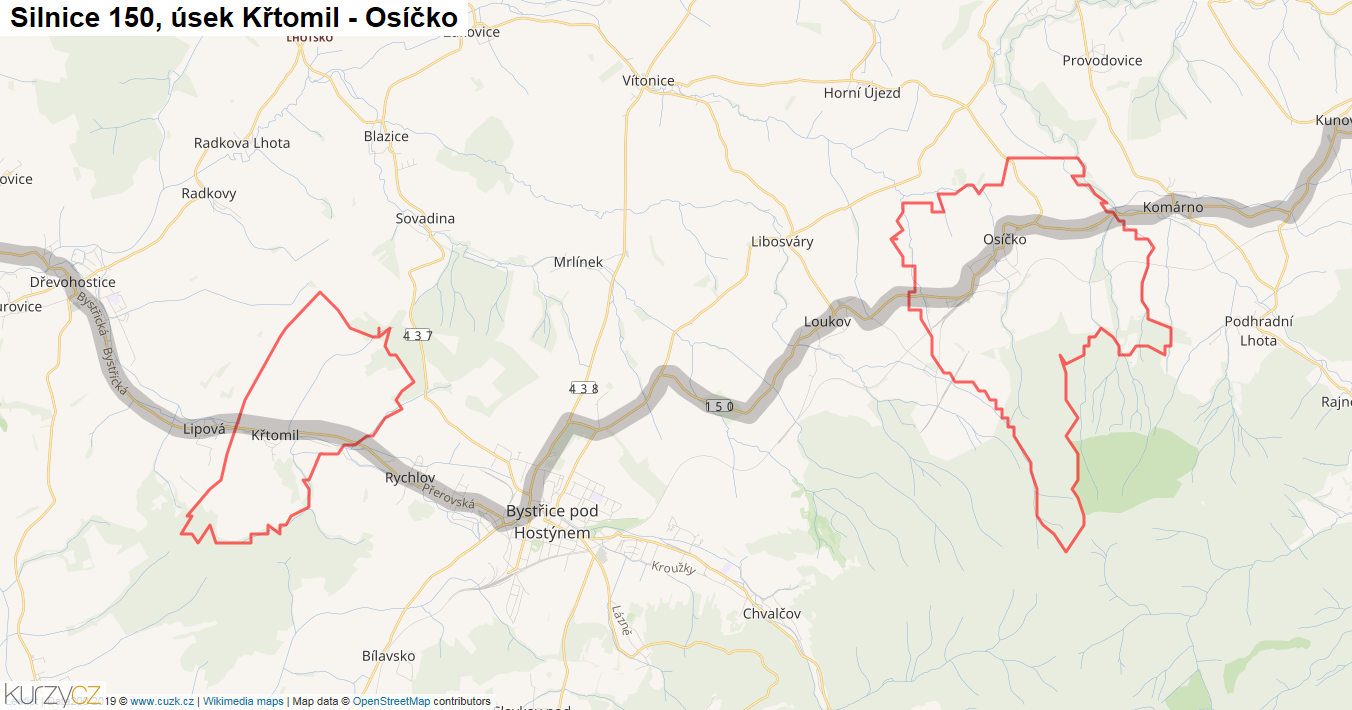 Úsek Křtomil - Osíčko, Silnice 150 - Mapa