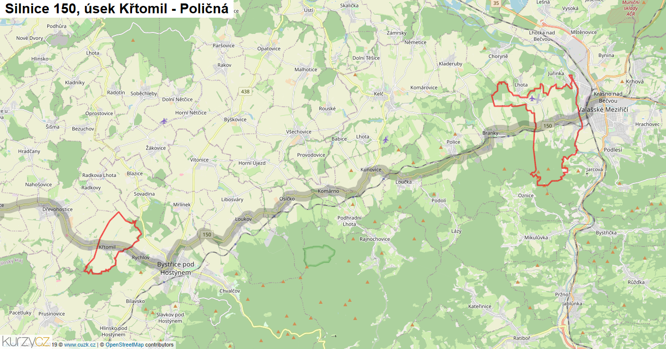 Úsek Křtomil - Poličná, Silnice 150 - Mapa