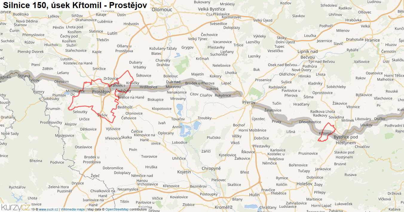 Úsek Křtomil - Prostějov, Silnice 150 - Mapa