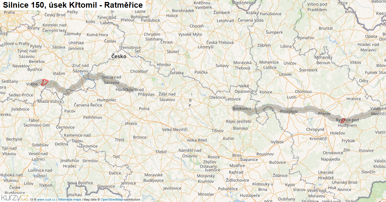 Úsek Křtomil - Ratměřice, Silnice 150 - Mapa