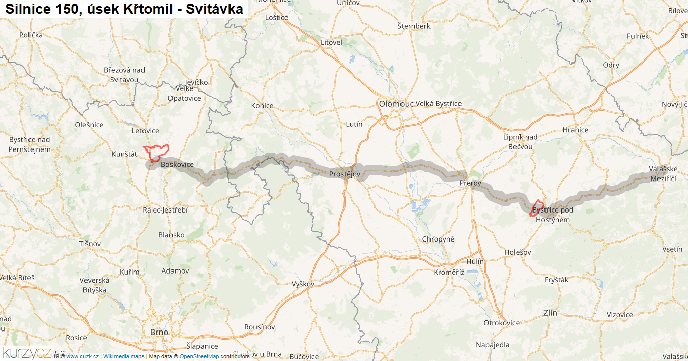 Úsek Křtomil - Svitávka, Silnice 150 - Mapa