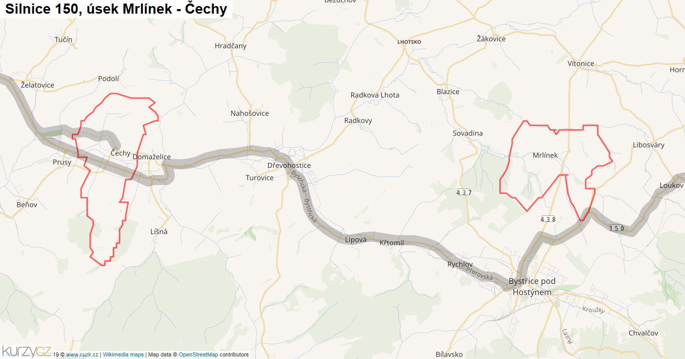 Úsek Mrlínek - Čechy, Silnice 150 - Mapa