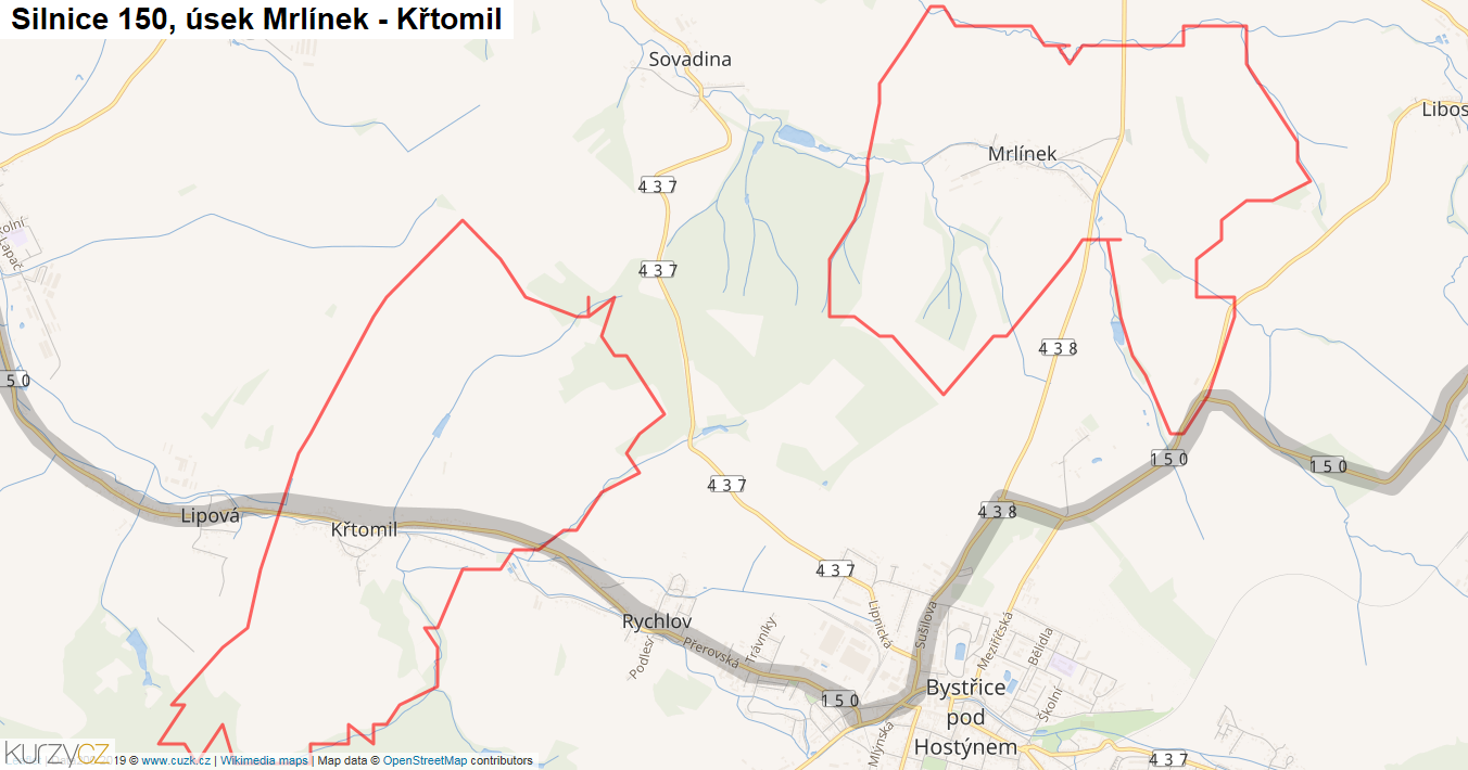 Úsek Mrlínek - Křtomil, Silnice 150 - Mapa