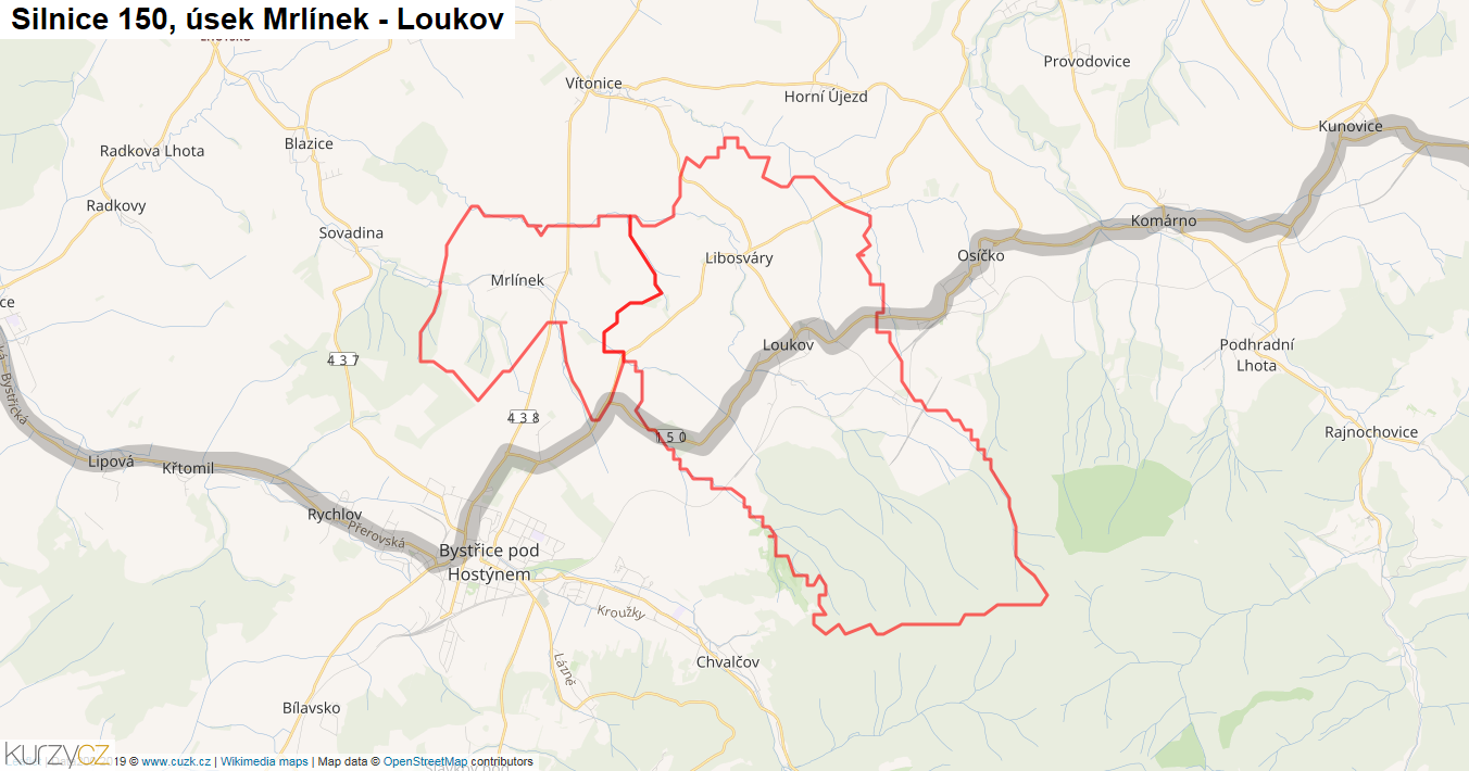 Úsek Mrlínek - Loukov, Silnice 150 - Mapa
