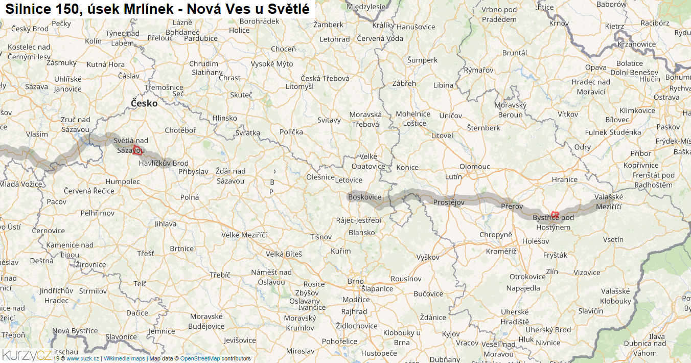 Úsek Mrlínek - Nová Ves u Světlé, Silnice 150 - Mapa