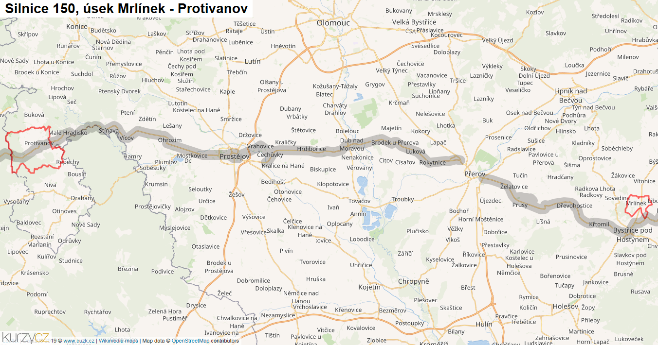 Úsek Mrlínek - Protivanov, Silnice 150 - Mapa