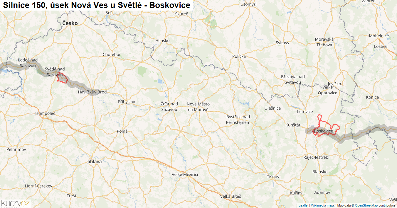 Úsek Nová Ves u Světlé - Boskovice, Silnice 150 - Mapa