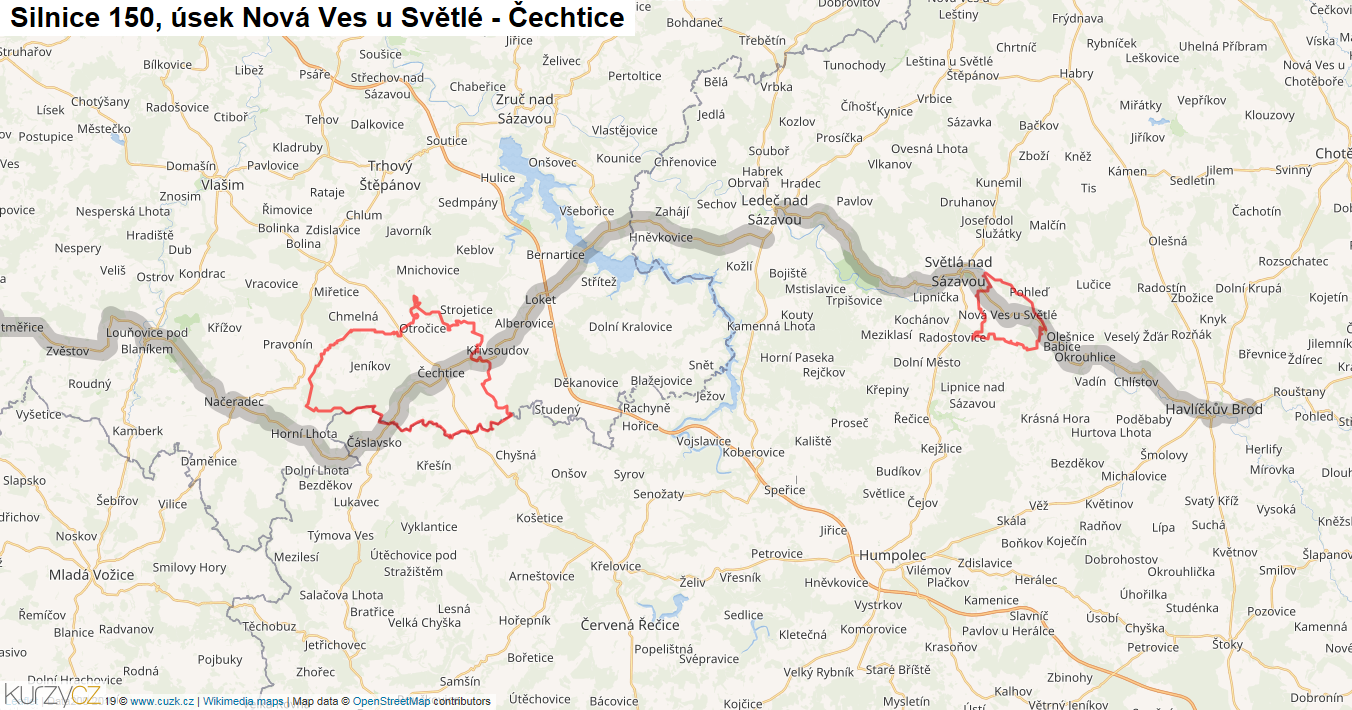 Úsek Nová Ves u Světlé - Čechtice, Silnice 150 - Mapa