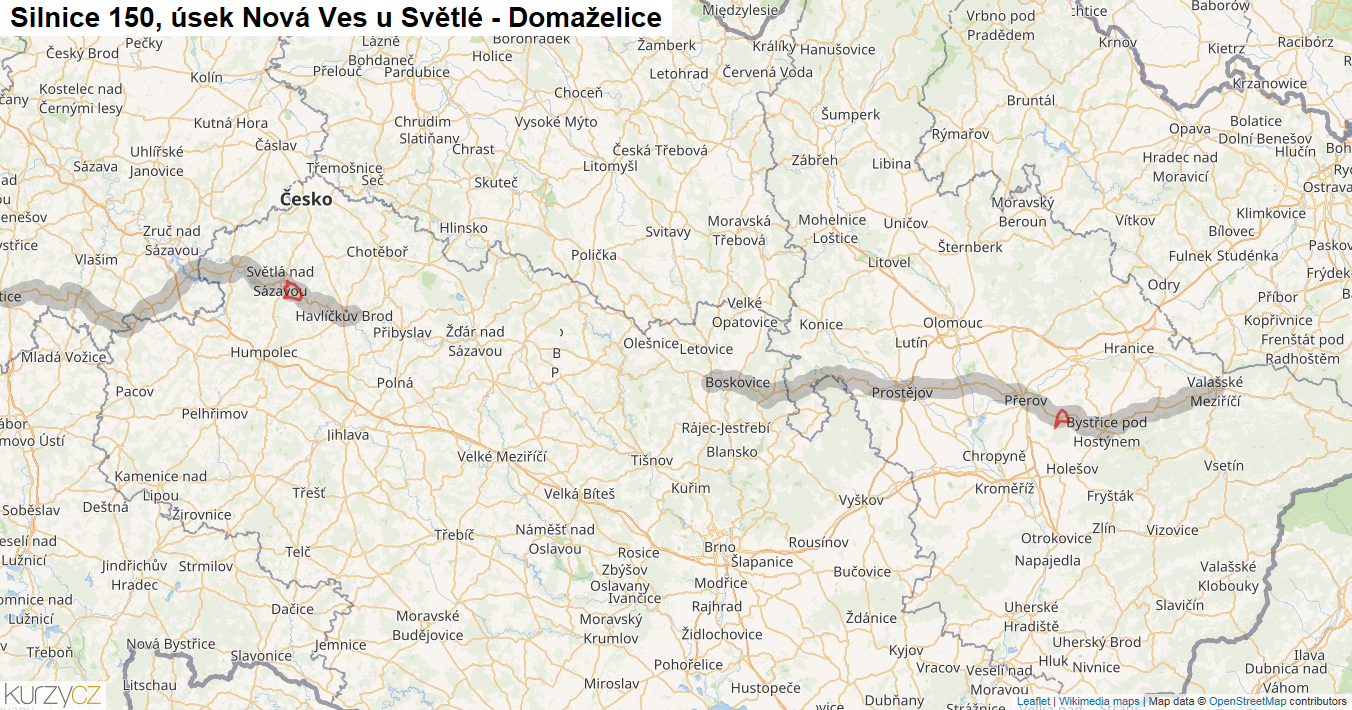 Úsek Nová Ves u Světlé - Domaželice, Silnice 150 - Mapa