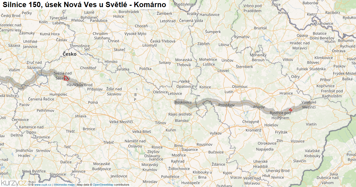 Úsek Nová Ves u Světlé - Komárno, Silnice 150 - Mapa